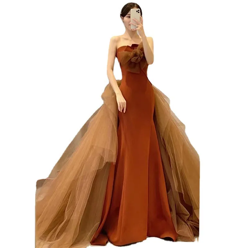 

2026 strapless fishtail skirt satin bridal gown trailing gown graduation celebration ball gown Quinceanera