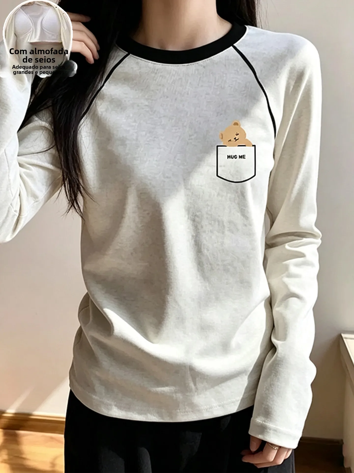 秋の寝間着純綿女性のショルダースリーブ漫画プリント長袖-tシャツ胸パッド付きホーム服トップ冬
