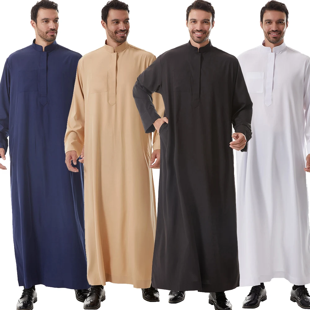 Robe Musulmane en Polyester Saoudien pour Homme, Tenue de Ramadan, Jubba Thobe, Col Montant, Design de Poche, Vêtement Musulman Arabe du Moyen-Orient