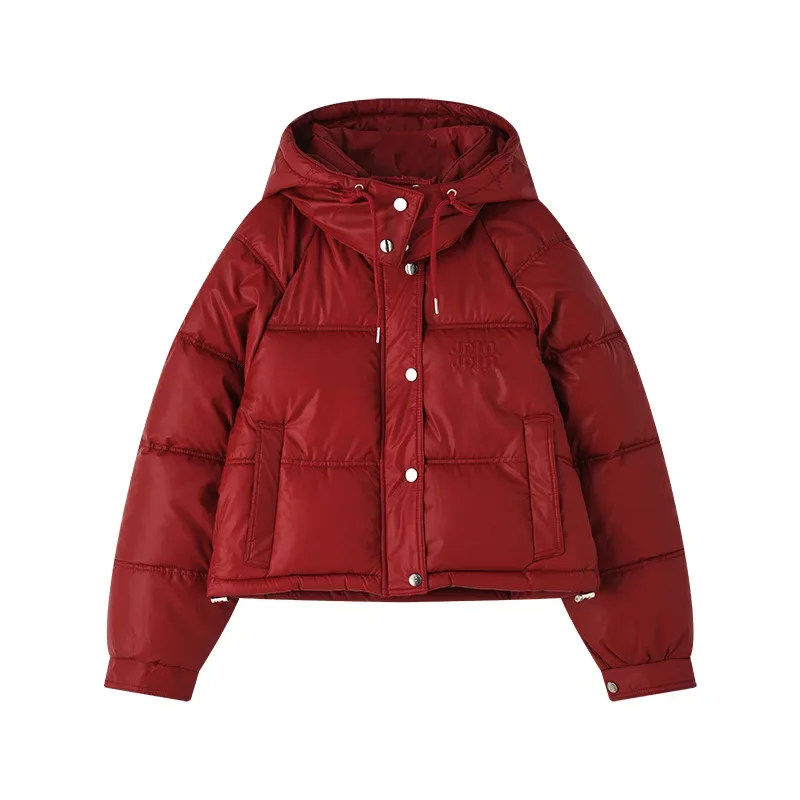 Y2K Solid Women Winter Jacket Single Breasted Zipper Parkas Drawstring Hooded Button Cuffs Clothes High Waist Pleated Coats Red