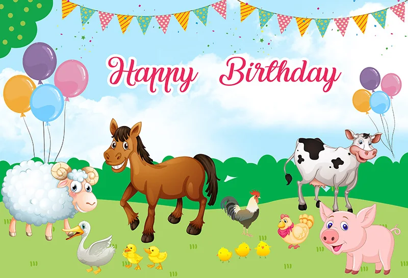 Farm Animal Pony Backdrop Kids Happy Birthday Decoration Cow Windmill Fence Photography Background Baby Shower Studio Banner