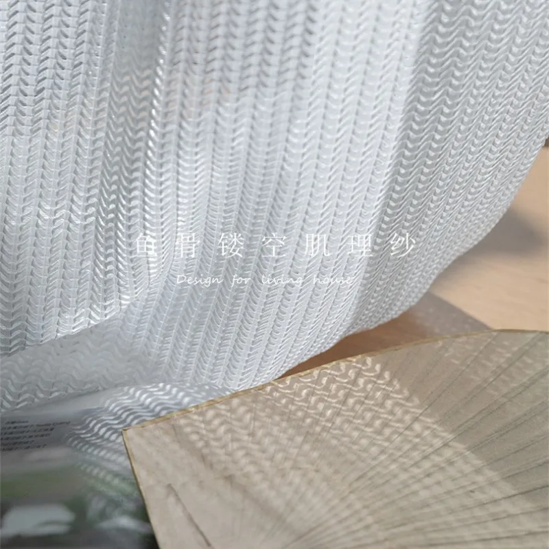 Japanese Style Simple Modern Fishbone Hollow Sheer Balcony White Translucent Bedroom Bay Window Curtains Living Room