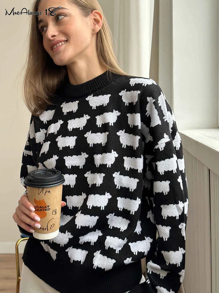 Mnealways18 Elegant Women Sheep Printing Sweater Warm Knitted Classic O-Neck Pullover Tops Autumn Winter 2024 Streetwear Sweater