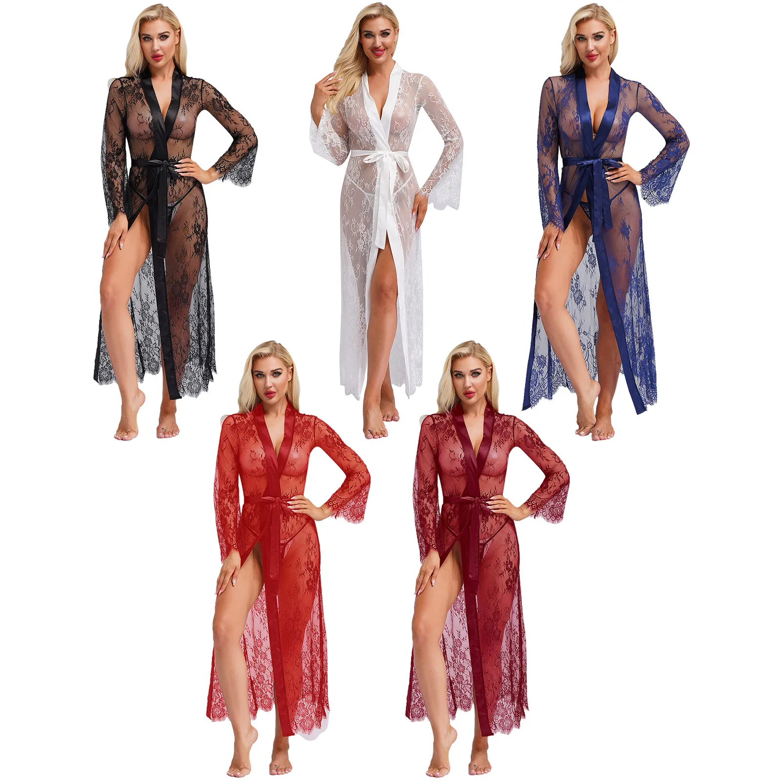 Conjunto de bata de dormir de encaje transparente para mujer, tangas con espalda en T, bata de encaje Floral de manga larga transparente con cinturón, lencería Sexy para dormir