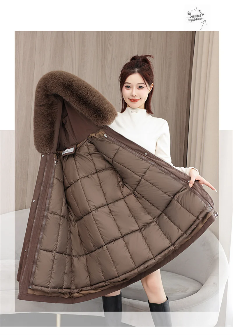 2026 New Winter Coat Down Padded Jacket Women Parkas Fur Collar Thick Hooded Cotton Coats Black Casual Outerwear Female Clothes