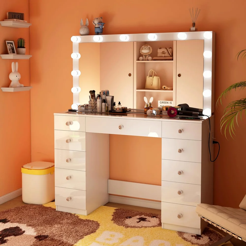 

Vanity Desk with Power Outlet, 46'' Makeup Vanity with Mirror and 14 LED Lights, 3 Lighting Modes,11 Drawer Vanity Table