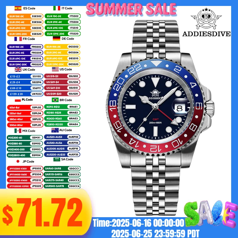 

ADDIESDIVE GMT Quartz Watch 20Bar Diver Relogios Masculino BGW9 Super Luminous Calendar Window 316L Stainless Steel Men's Watch