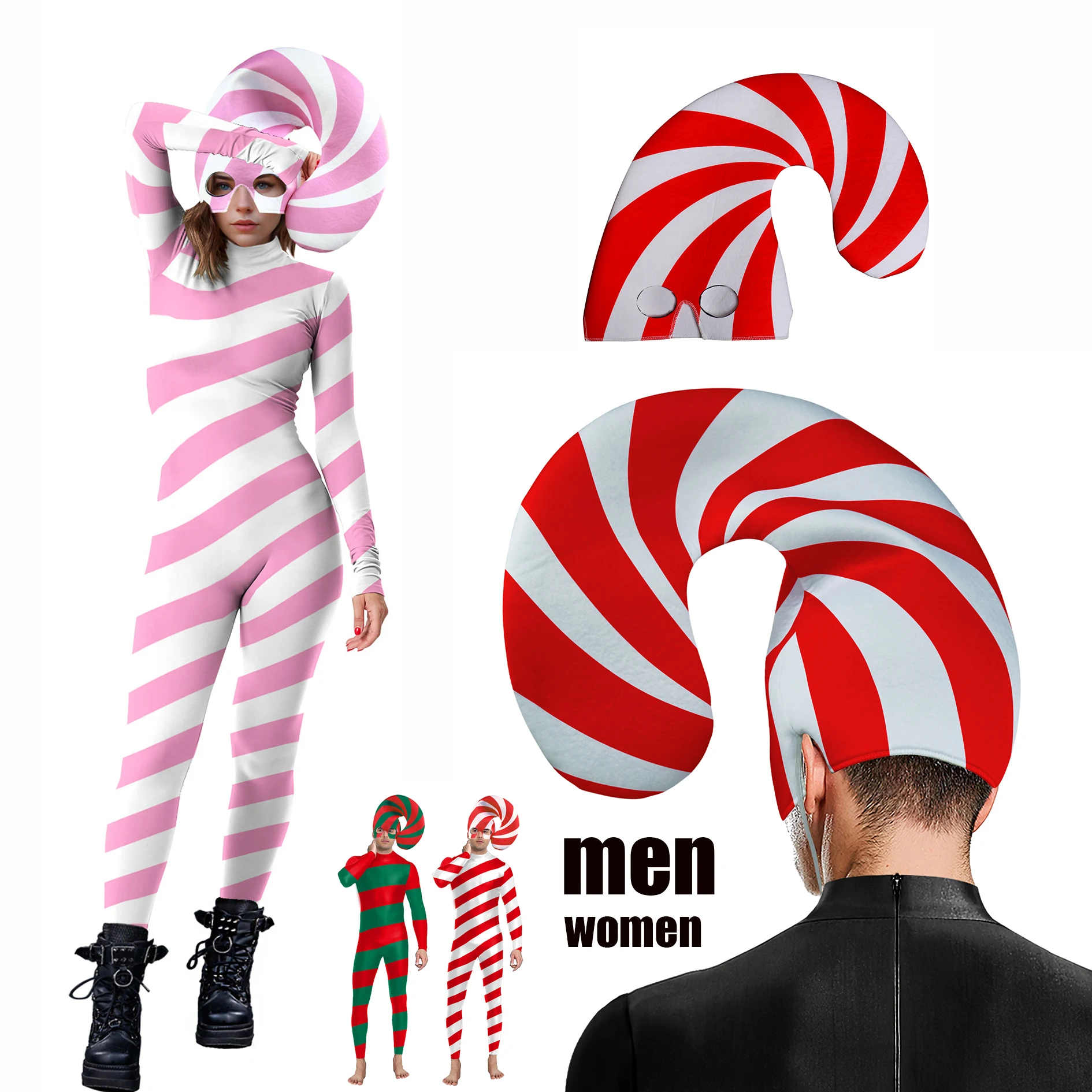 

Women Men Cosplay Candy Cane Bodysuit Red Stripe Cosplay Costume Christmas Outfit Festival Bodysuit Xmas Party Hat Couple Suit