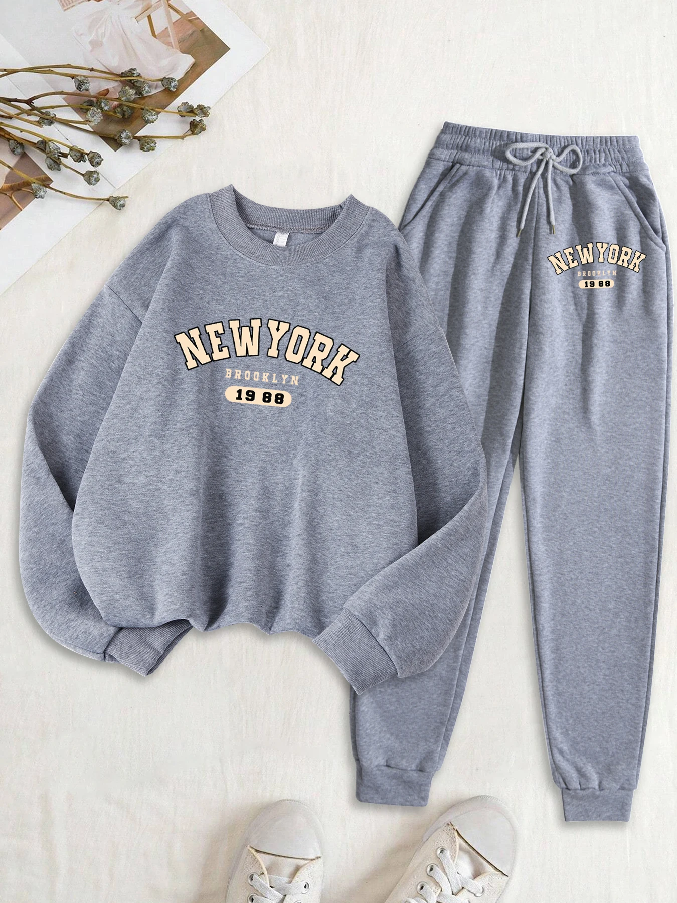New York Brooklyn 1988 Prints Sweatshirt Suit Women Autumn Fleece Sweatpants Casual Jogging Clothes 2Pc Sets Street Tracksuit