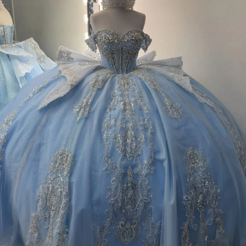 

Небесно-голубое блестящее платье Quinceanera с открытыми плечами, аппликация, кружево, бант, бисер, кристалл, тюль, вечерние, день рождения, сладкое платье 16, Vestidos