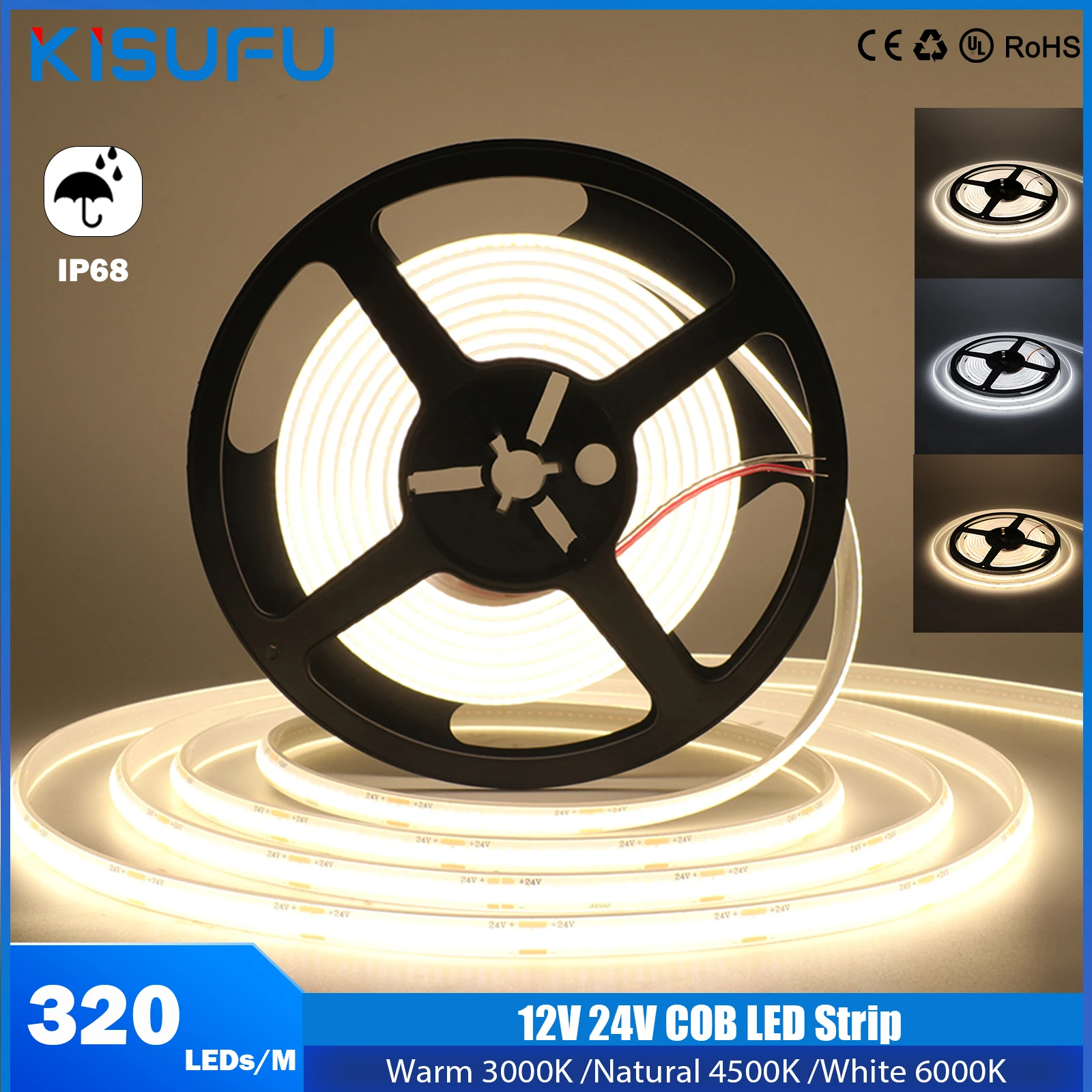 

IP68 Waterproof 12V 24V COB LED Strip Light 320Led/M White Warm Natural Flexibe Ribbon Adhesive Light Home Garden Liner Lighting
