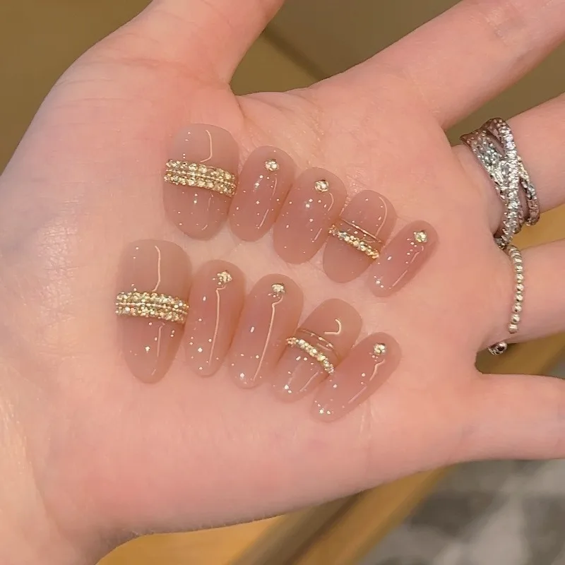 

10pcs Handmade Nails Seductive Nude Color with Ultra-sparkly Champagne-colored Zirconia Press-on Nails Perfect for Girls