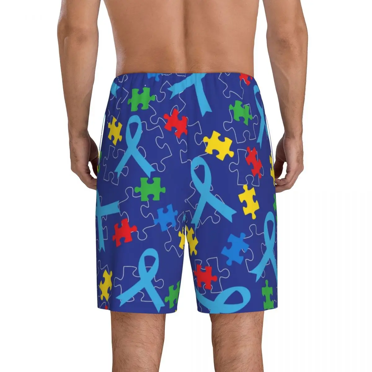 Custom Print Men's Autism Puzzle Piece Ribbon Pattern Pajama Bottoms Sleepwear Pjs Sleep Shorts with Pockets