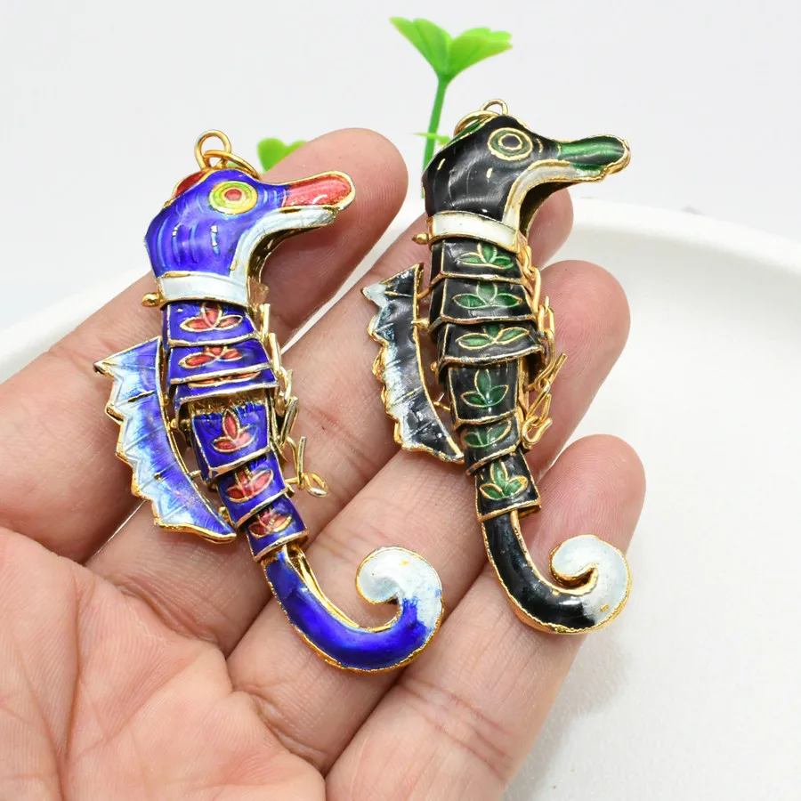 7.5cm Middle Size Blue Red Green Black Purple Enamel Color Cloisonne Movable Joint Hippocampus Seahorse Pendants For Necklace