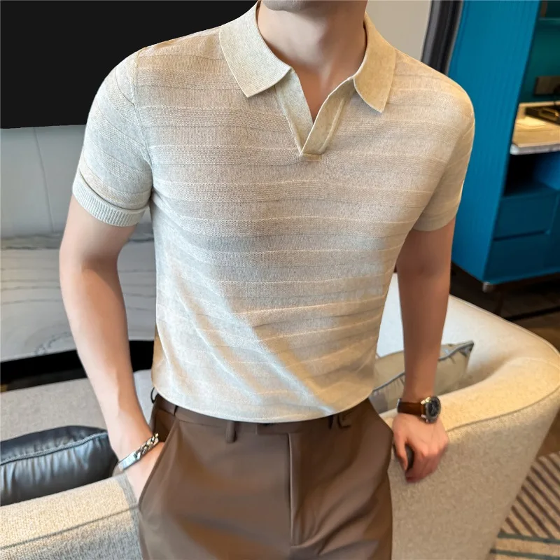 2026 Sommer Eisseide Leinen Poloshirt mit Möwenkragen für Herren, Kurzarm Gestricktes Gestreiftes T-Shirt, Lässiges Business- und Freizeit-T-Shirt