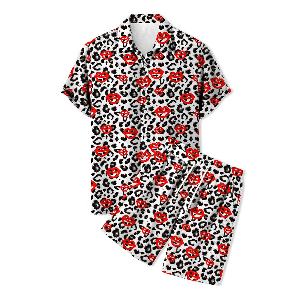 Fashion 2Pcs set shirt men 3D Leopard print camouflage suit collar short sleeve Shirts+ short pants  Hawaii  beach style set