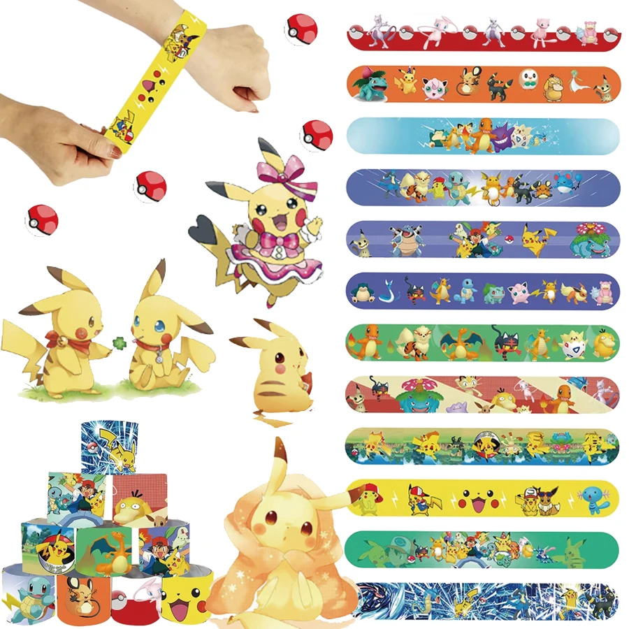 12/24/36 шт., сувениры для вечеринки с покемонами, подарки на день рождения, браслет с героями мультфильмов, браслеты с кнопками для детей, набивки пиньиты, украшение для вечеринки
