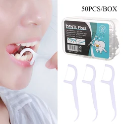 Palillos de dientes de 50 piezas, hilo Dental desechable con mango, herramientas de limpieza Dental, suministros portátiles para el cuidado de la higiene bucal