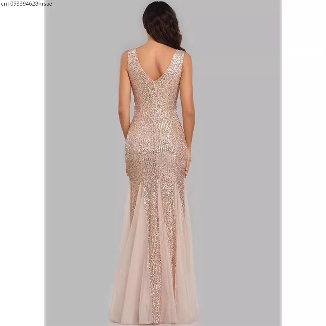 Elegant Sexy V-Neck Sequin Tank Open Back Evening Party Prom Dresses Fishtail Fitted Formal Gown Wedding Toasting Dress