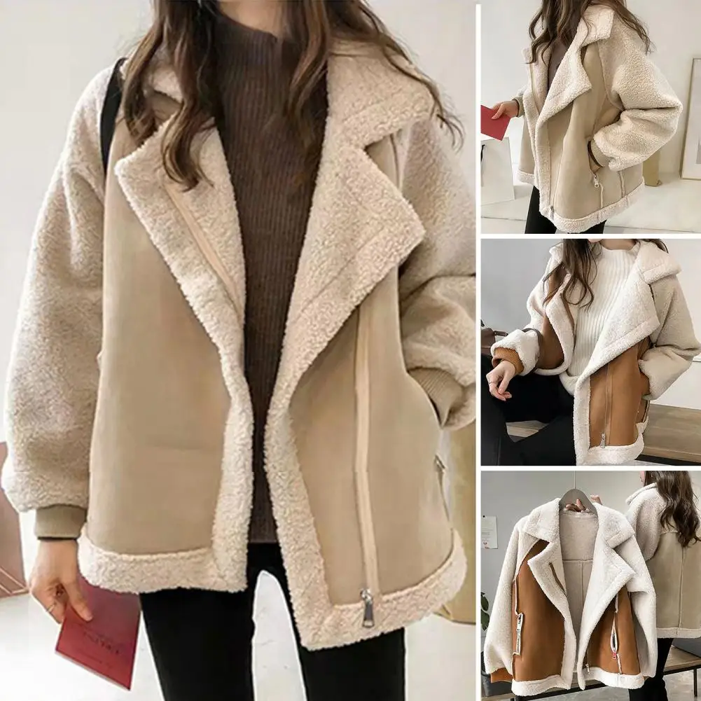 Fall Winter Women Jacket Heat Retention Loose Long Sleeves Velvet Blazer Zippered Pockets Lambswool Windproof Colorblock Coat