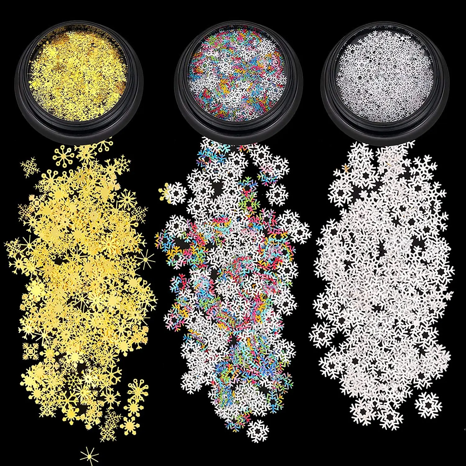 1-Jar Mixed-Size Snowflake Nail Glitter Sequins Christmas White Glitter Nail Flakes 3D Hollow Metal Snowflake Manicure Decor P-T