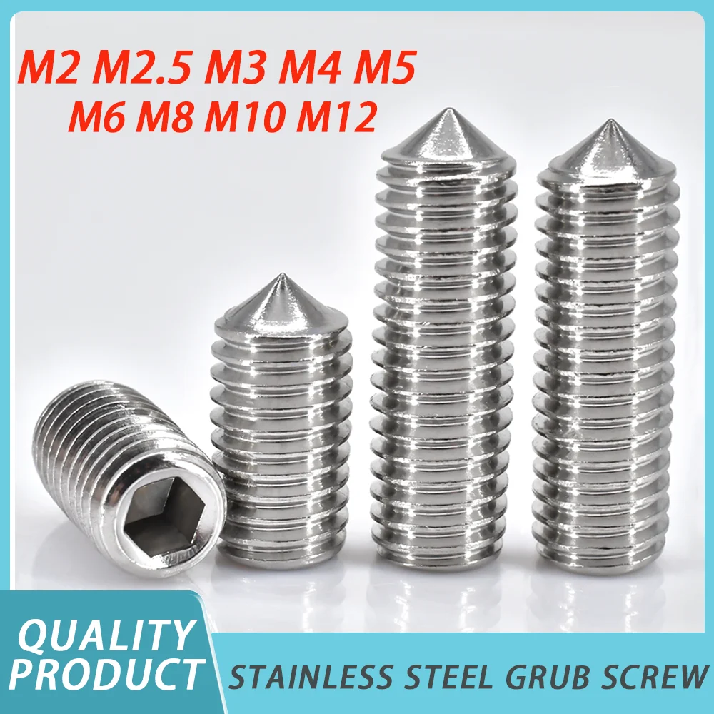 DIN914 Set Screw Hex Hexagon Socket Cone Point Grub Screw M2 M2.5 M3 M4 M5 M6 M8 M10 304 Stainless Steel Allen Head Set Screws