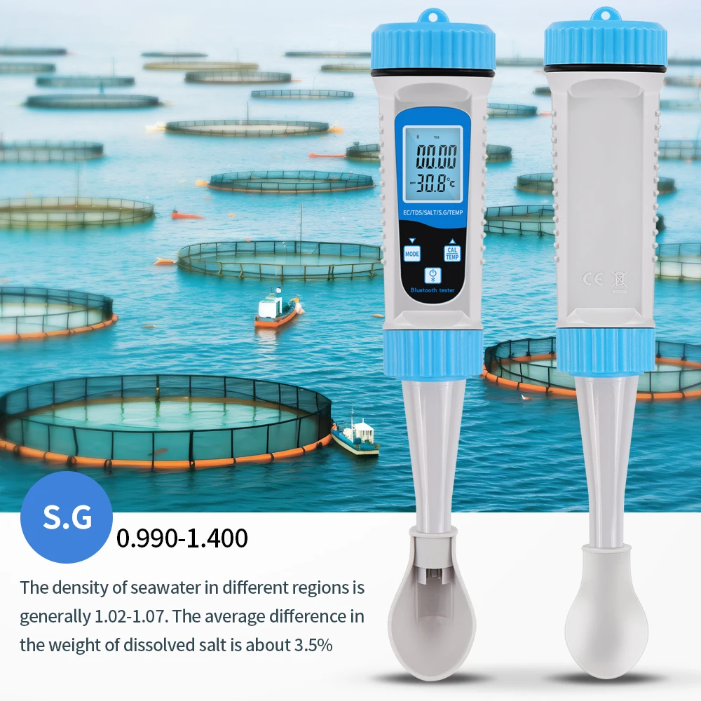 Tester di qualità dell'acqua 5 in 1 Bluetooth EC TDS SALT SG TEMP 2 metodi di calibrazione trasferimento dati in tempo reale per acquario idroponico