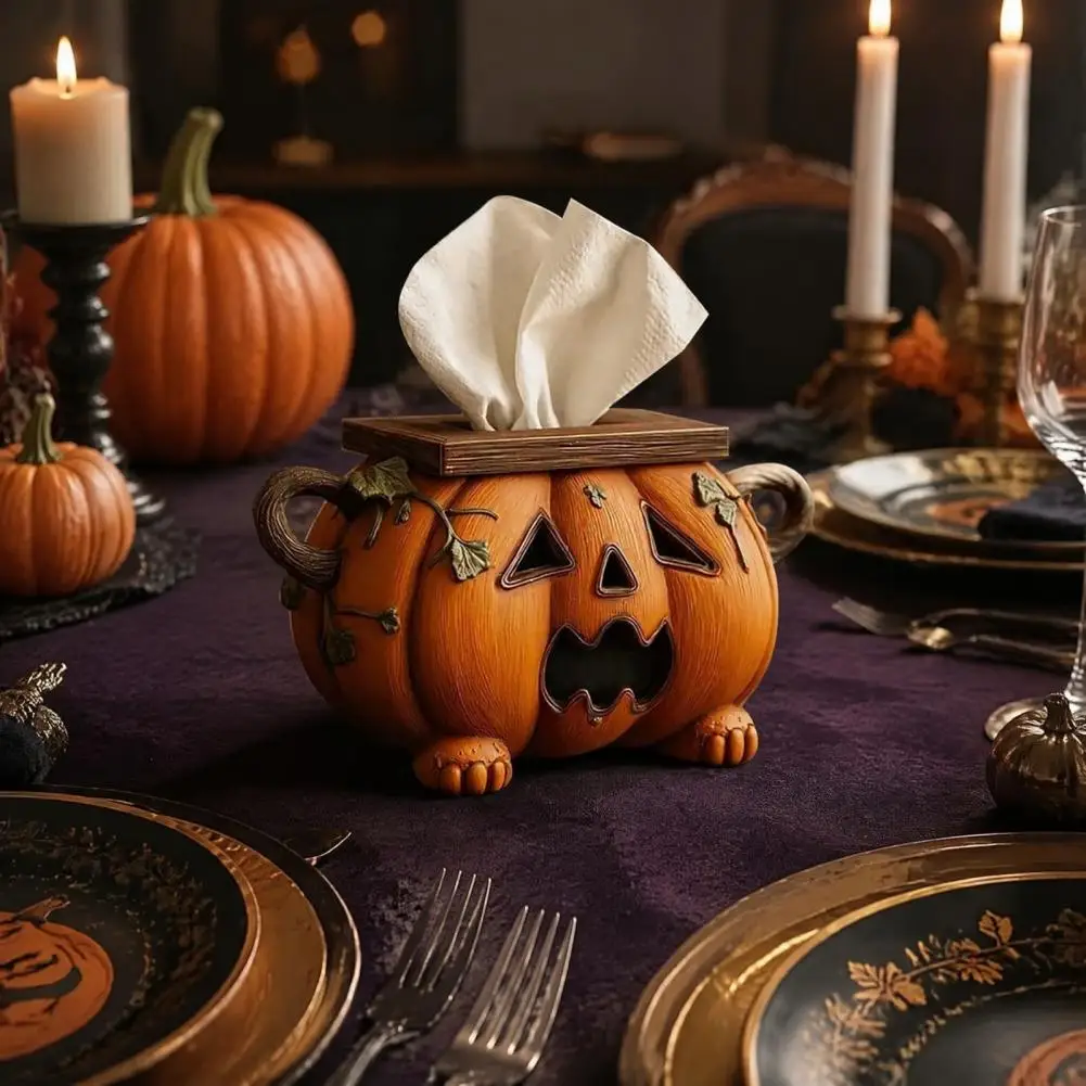 Halloween Table Decor Office Desk Organizer Halloween Pumpkin Tissue Box Holder Resin Decorative Facial Tissue for Kitchen