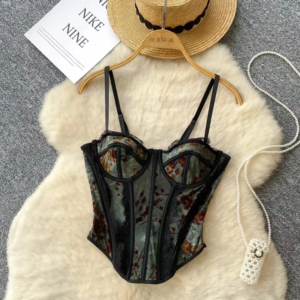 

print off shoulder lace pleated Slim Vintage Tank Top Korean Fashion Corset Beach Hotsweet Y2k Sling Crop Top