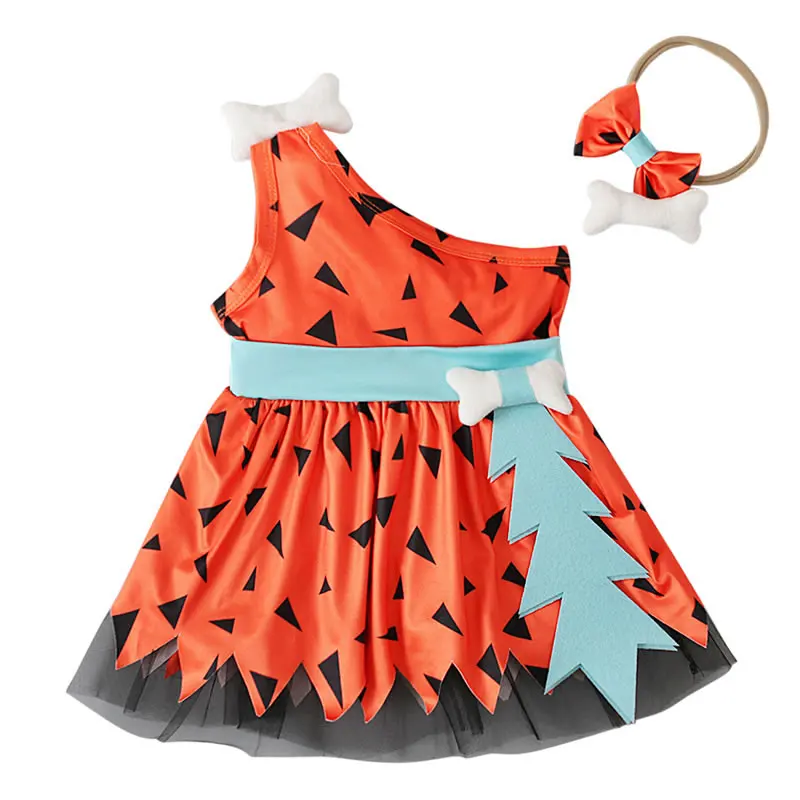 

Caveman Baby Girl Print Lace Dress Fashion Historical Stone Age Infant Kid Bone Headband+Sling Tunic 2PC Set Clothes