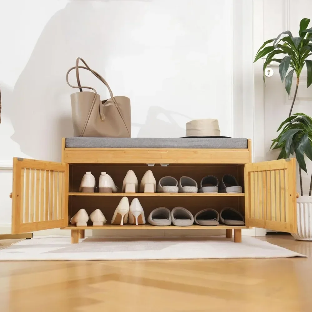 

Hot Products.Hot-Sell Storage Bench, Bamboo Entryway Bench with 2 Doors & Padded Seat Cushion, 2 Tier Shoe Rack
