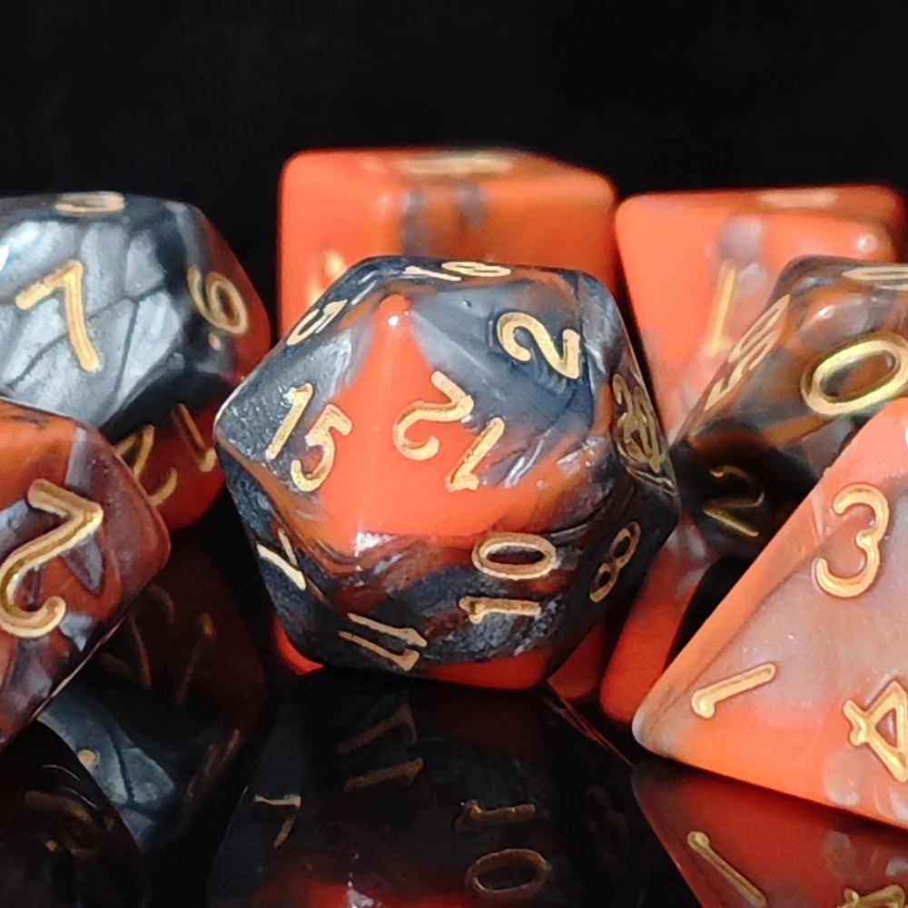 Fire & Ash Swirl Dice Set, 7Pcs Orange Gray Marbled DND Dice with Gold Ink for Fantasy TTRPG & Role Playing view 2