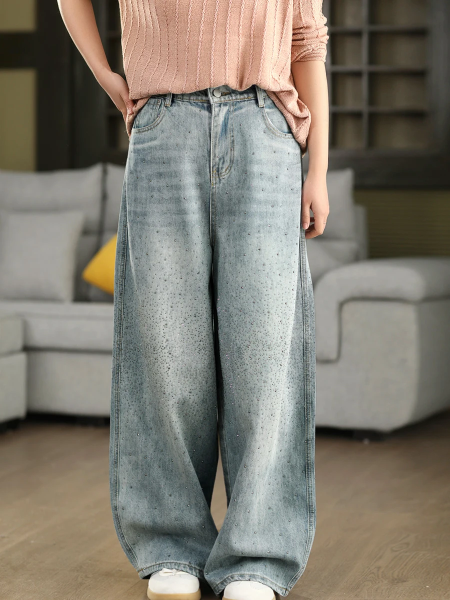 

Garden Beau Vintage Rhinestone Denim Jeans Women's Spring Faion Bright Diamond Pants High Waist Slimming Sequin Straight ...