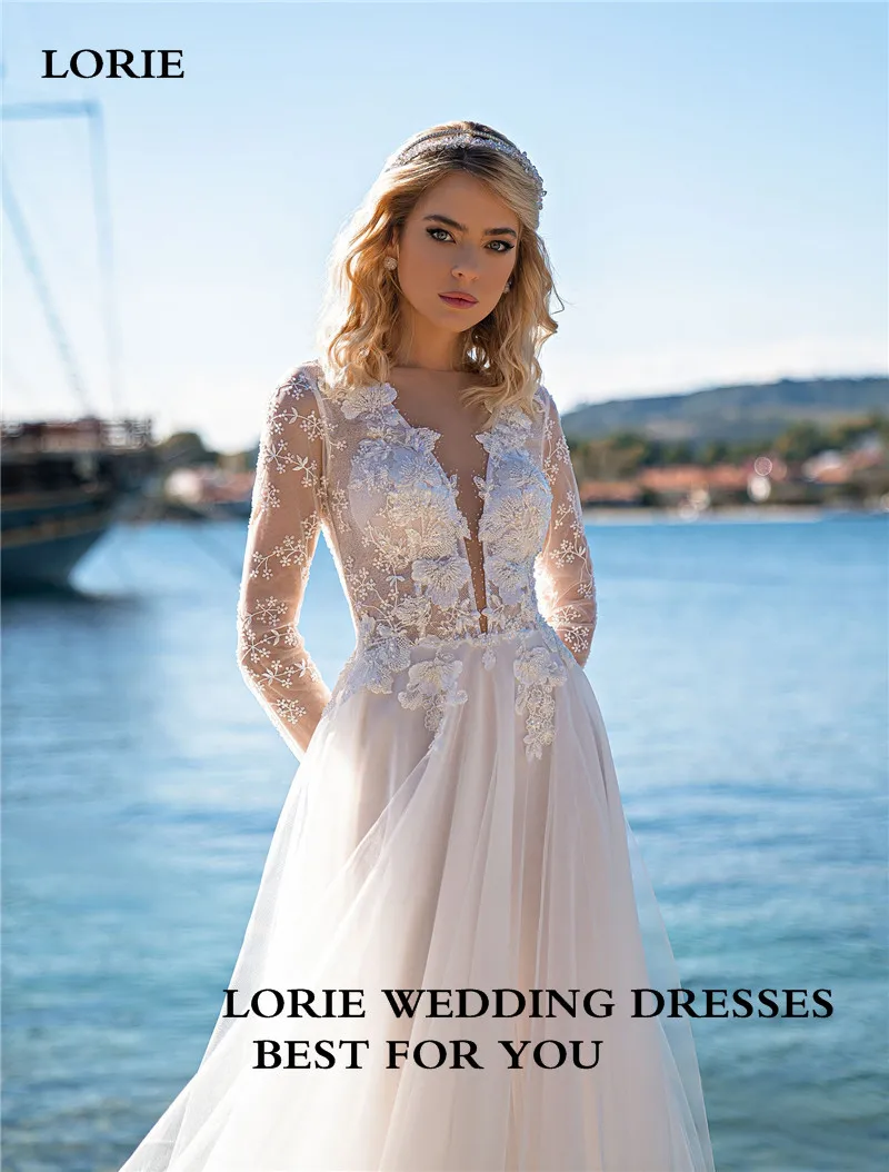 LORIE vestido de novia de encaje con apliques, manga larga, cuello en V, línea A, bohemio