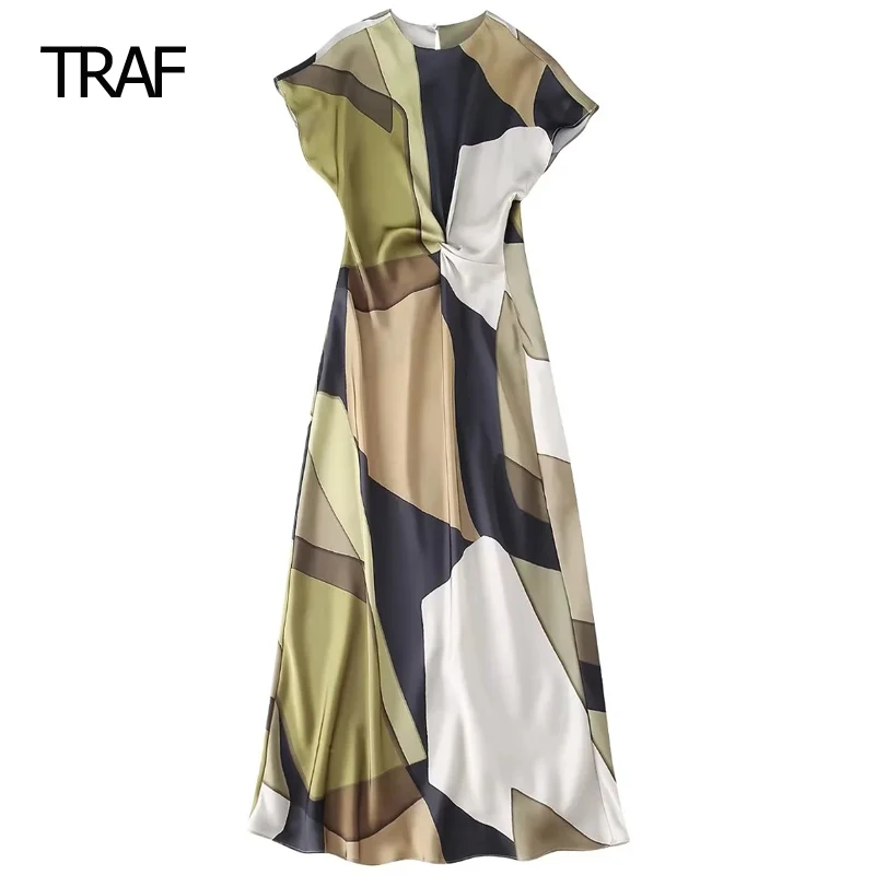 TRAF Print Satin Dresses Female Dress Spring Summer 2024 Midi O-Neck Short Sleeves Dresses Elegant And Pretty Women\'s Dresses