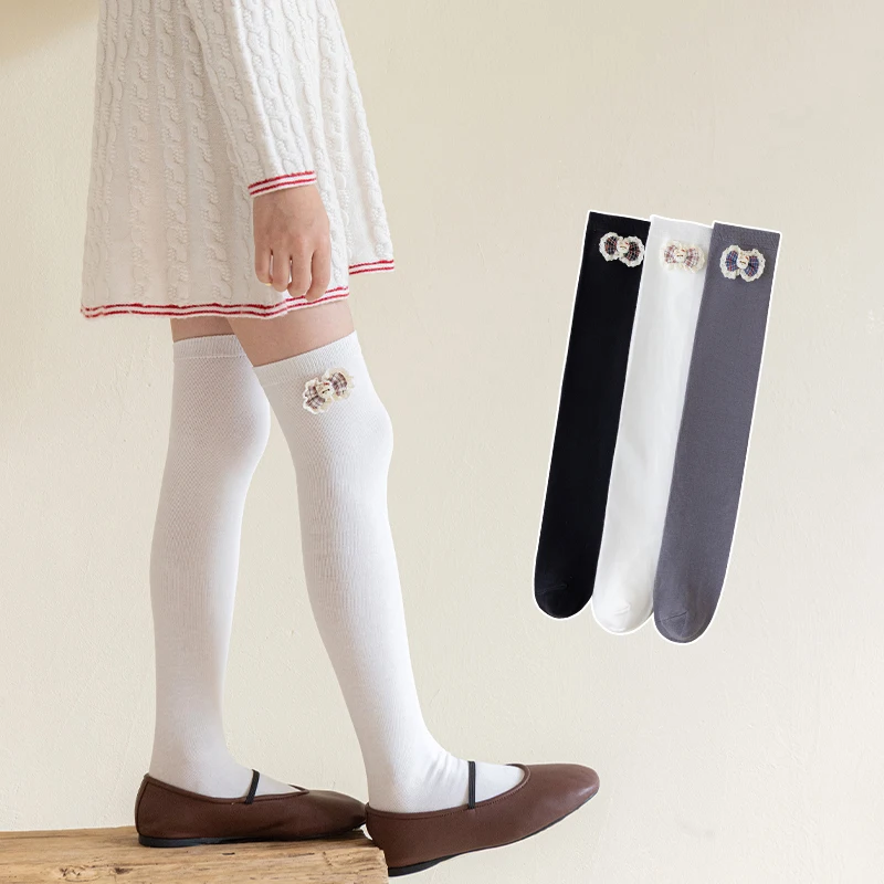 Lovely Girls Knee High Socks Adorable Cat Shaped Button Decor Delicate Lace Trim With Check Bow Breathable Comfort Stretch Socks