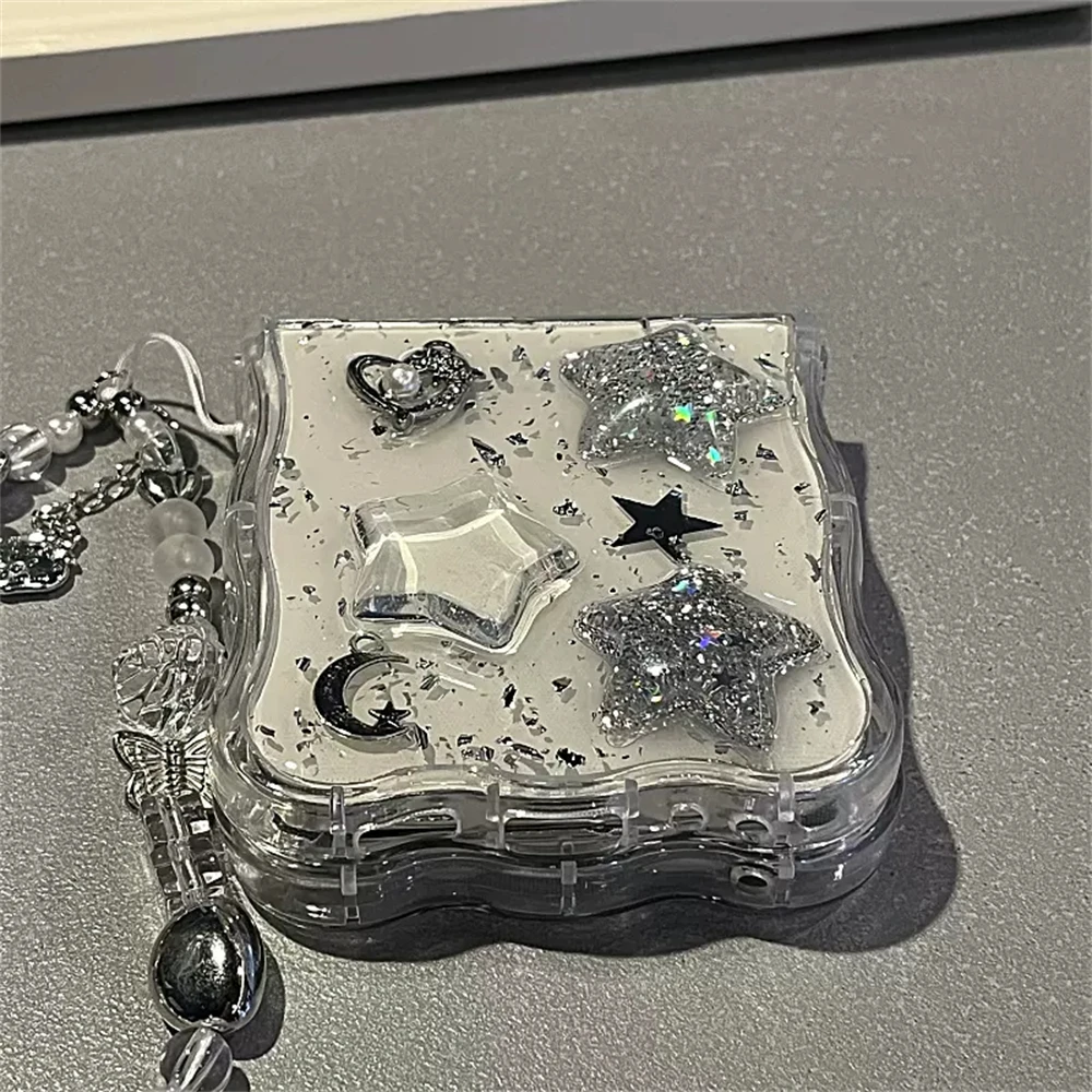 Korean 3d Glitter Star Clear Phone Case For Samsung Galaxy Flip 6 Flip5 Flip4 Flip3 Epoxy Cover Wavy Border Protective Cover Fun image 2