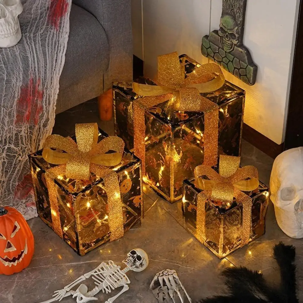 Collapsible Festival Storage Boxes 3pcs Halloween Pumpkin Gift Boxes Spooky Glowing Pumpkin Face Decor Warm Light Holiday Party