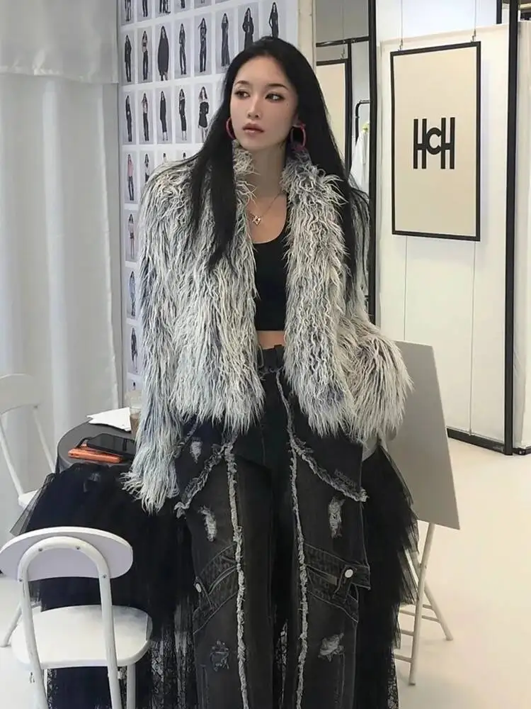 Fashion Gray Imitation Mongolia Sheep Fur Coat Women's Round Neck Long Sleeves Thick Plush Jacket Winte DKQV