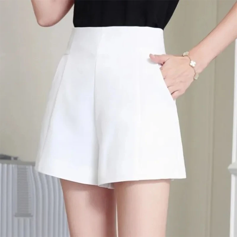 Suit Shorts Women High Waist A-line Shorts Spring Summer Casual Loose Wide Leg Chiffon Shorts Lady Black White