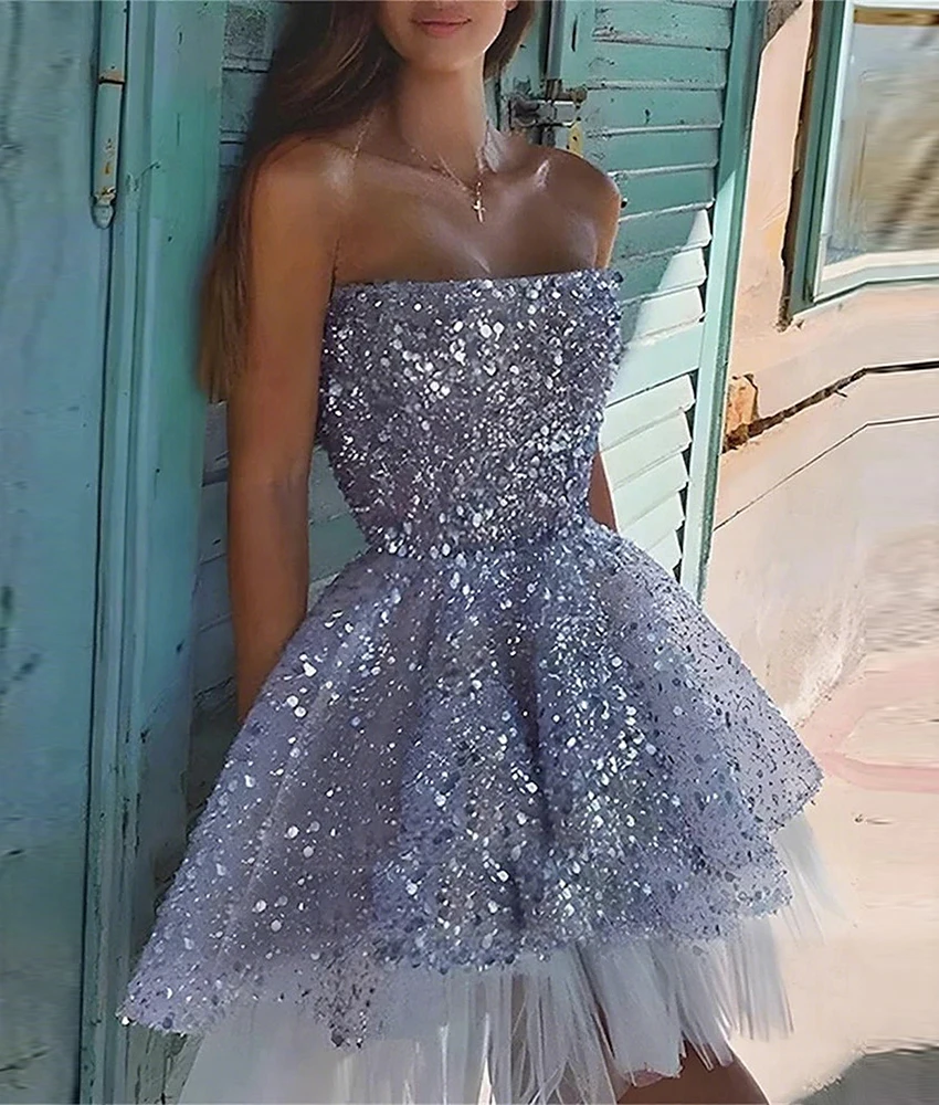 맞춤형 럭셔리 스팽글 A라인 이브닝 드레스 고품질 민소매 스트랩리스 여성용 맞춤 제작 드레스