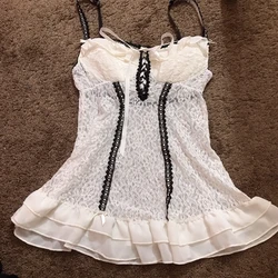 Retro Grunge Cami Tank Top Low Cut White Lace Transparent Ruffles Hem Sleeveless Vest E-girl Punk Harajuku Emo Alt Clothes