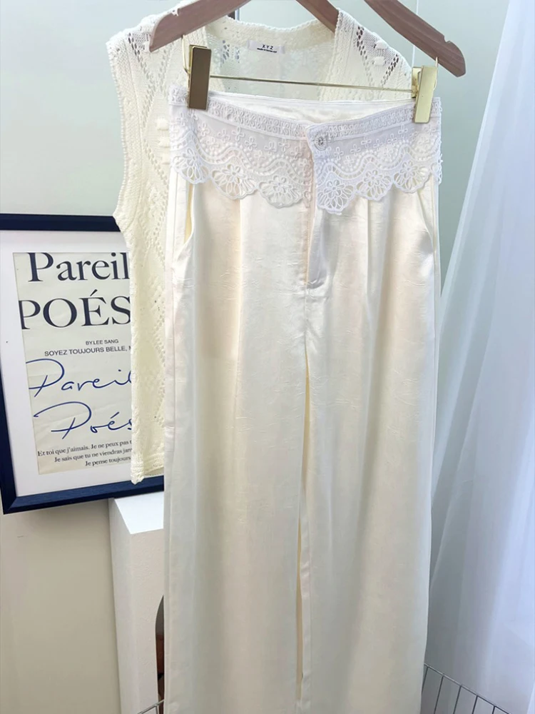 ลูกไม้ patchwork กรดอะซิติกซาตินกางเกงขากว้างผู้หญิงฤดูร้อนบางสูงเอว slimming ขาตรงกางเกงสบายๆ