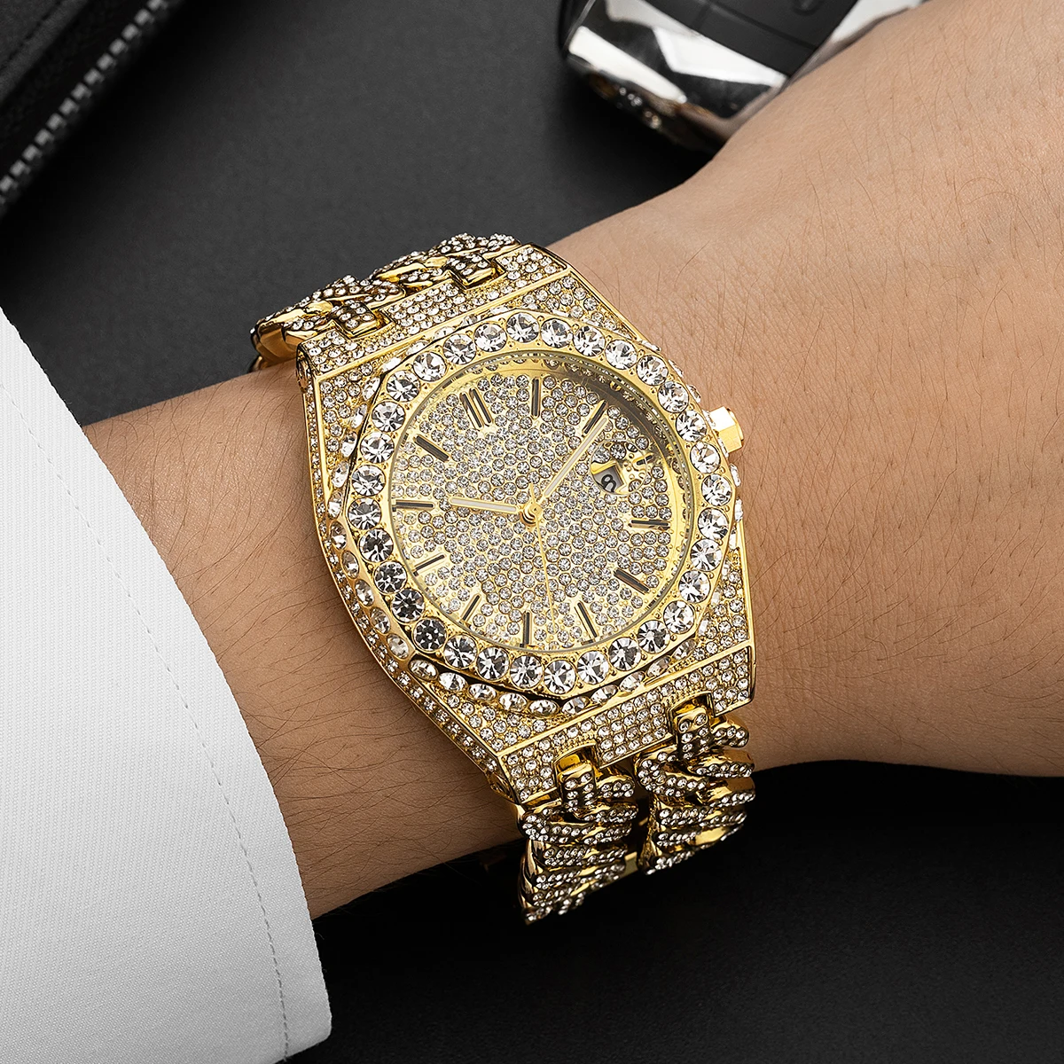 2024 Fashion Iced Out Watches Men Luxury Stainless Steel Golden Quartz Wristwatch Hip Hop Diamond Jewelry Watch Man Reloj Hombre