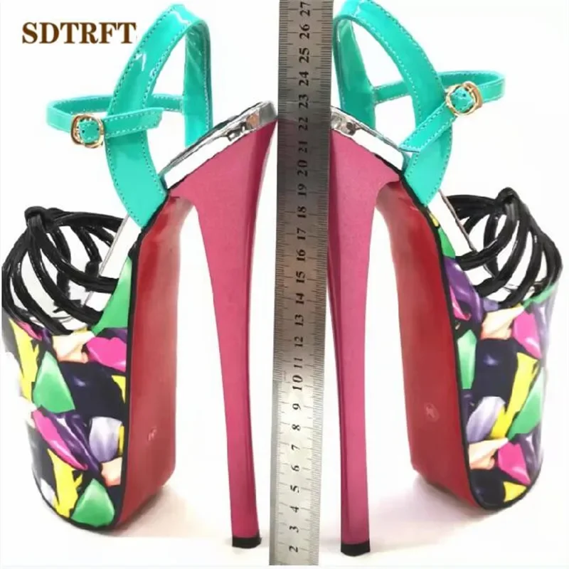 SDTRFT Ethnic printed 22cm Thin Heels platform Sandals Ankle Strap Shoes Woman Pumps SUMMER Peep Toe Stilettos zapatos mujer