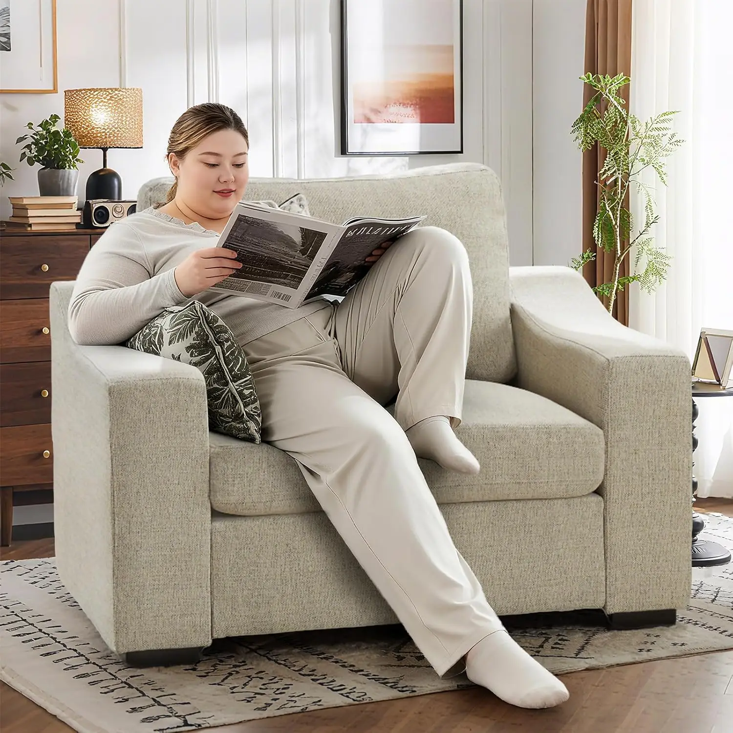 47' W Übergroßer Leinen-Akzentstuhl, moderner, waschbarer Polstersessel mit tiefem Sitz, Haferflocken