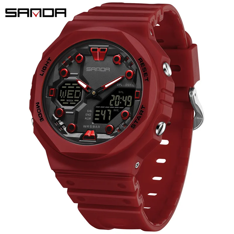 SANDA6200 Trendy Cool Sports Electronic Watch Waterproof Dual Display Countdown Night Light Multifunctional Trendy Student Watch
