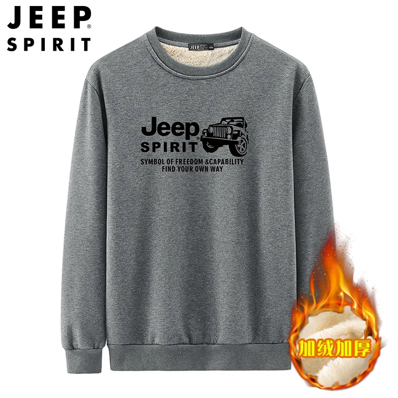 JEEP SPIRIT Kanye Lambskin Sweatshirt Hoodies Autumn and Winter Fleece-lined Thickened Round Neck Loose Warm Clothes