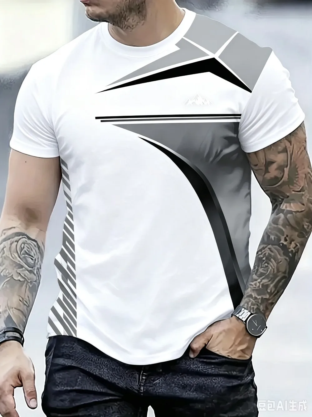 Schwarz-Rotes Kontrastfarben-T-Shirt mit Geometrischen Linien, 3D-gedruckt, für Herren, Locker, Bequem, Lässig, Atmungsaktiv, Schnelltrocknend, Outdoor-Oberteil – Detail 5