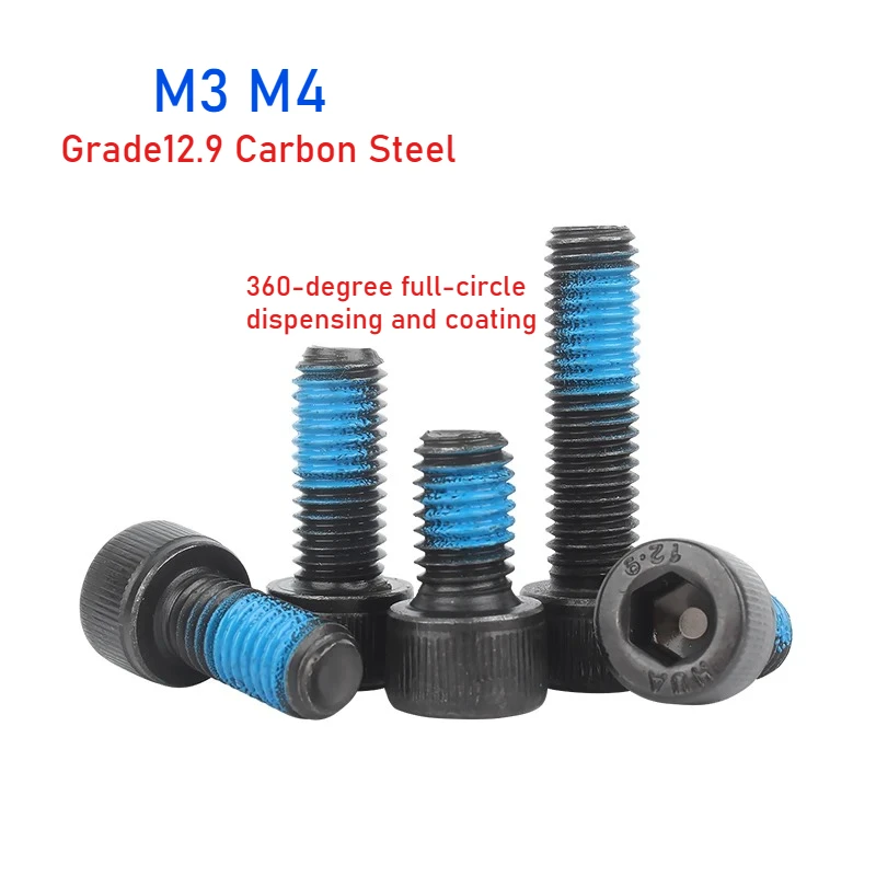 

M3 M4 Grade12.9 High Strength Black Carbon Steel Hexagon Hex Socket Cap Allen Bolt Half Coated Blue Glue Dispensing Screw